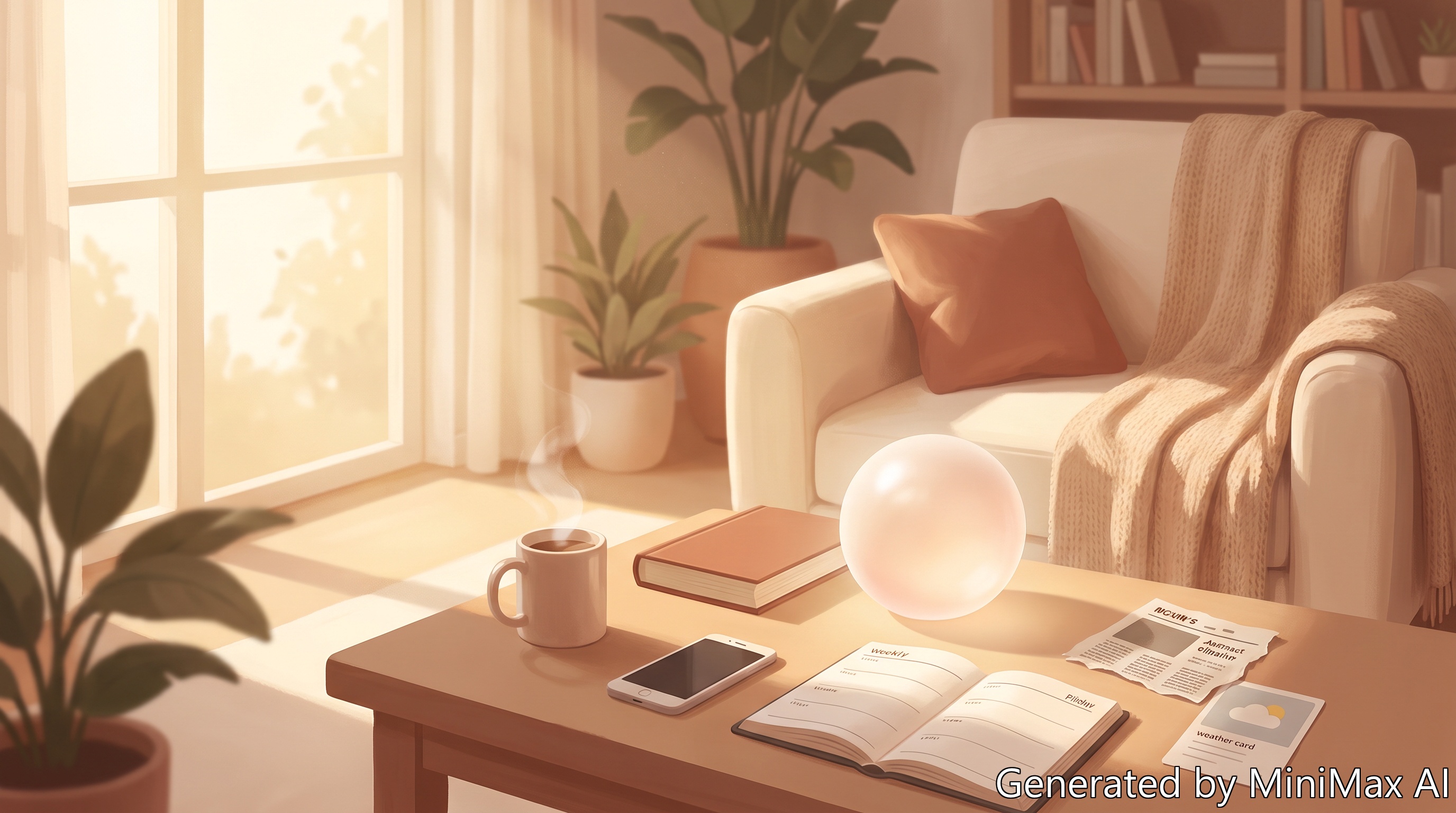 A personal AI assistant sits on a table in a warm, sunlit living room — surrounding items include a planner, news clip, and weather card, suggesting everyday life help.