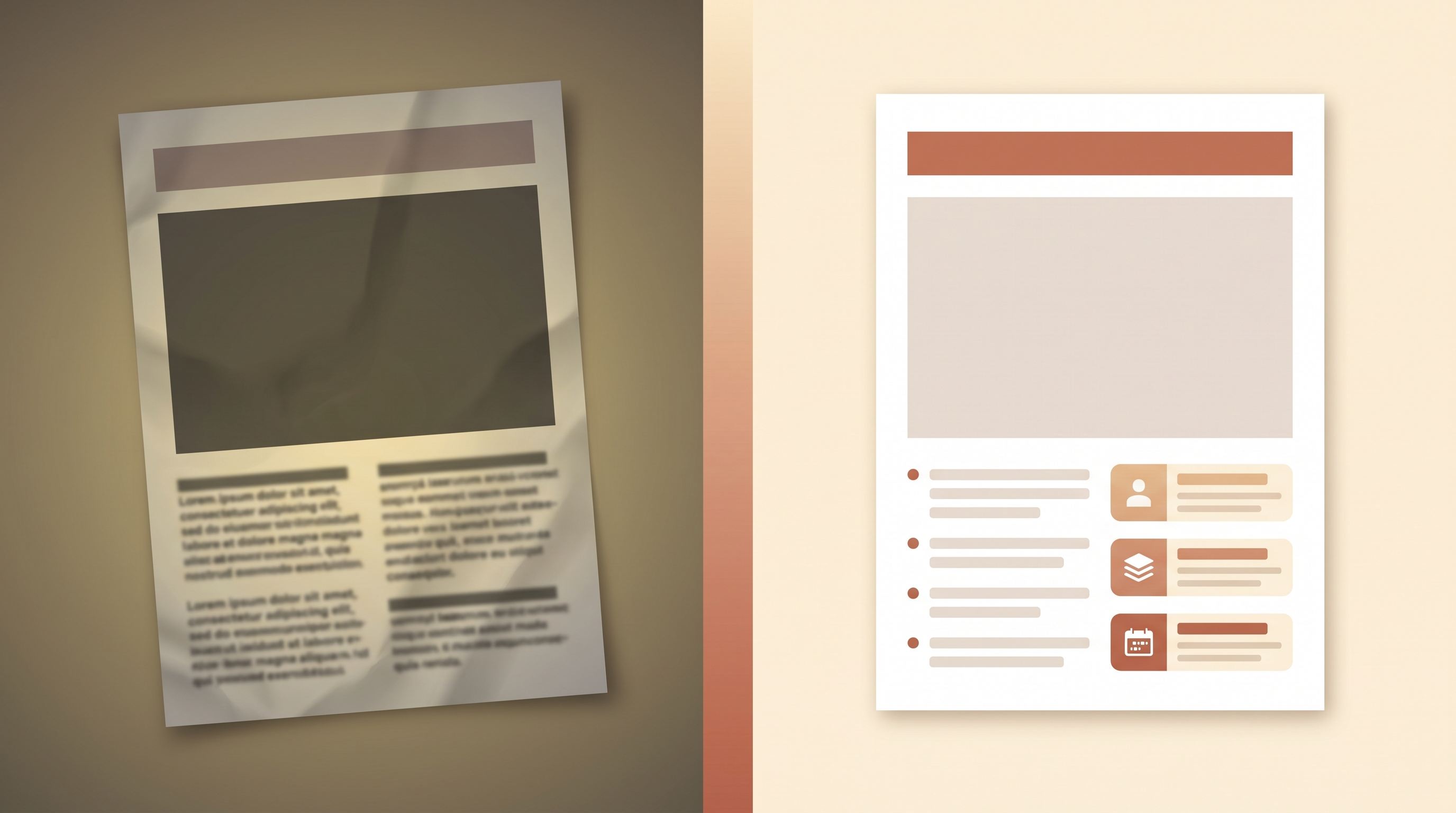 Split illustration: a low-quality property listing on the left vs a clean, structured, keyword-rich listing on the right — the difference AI optimisation makes.