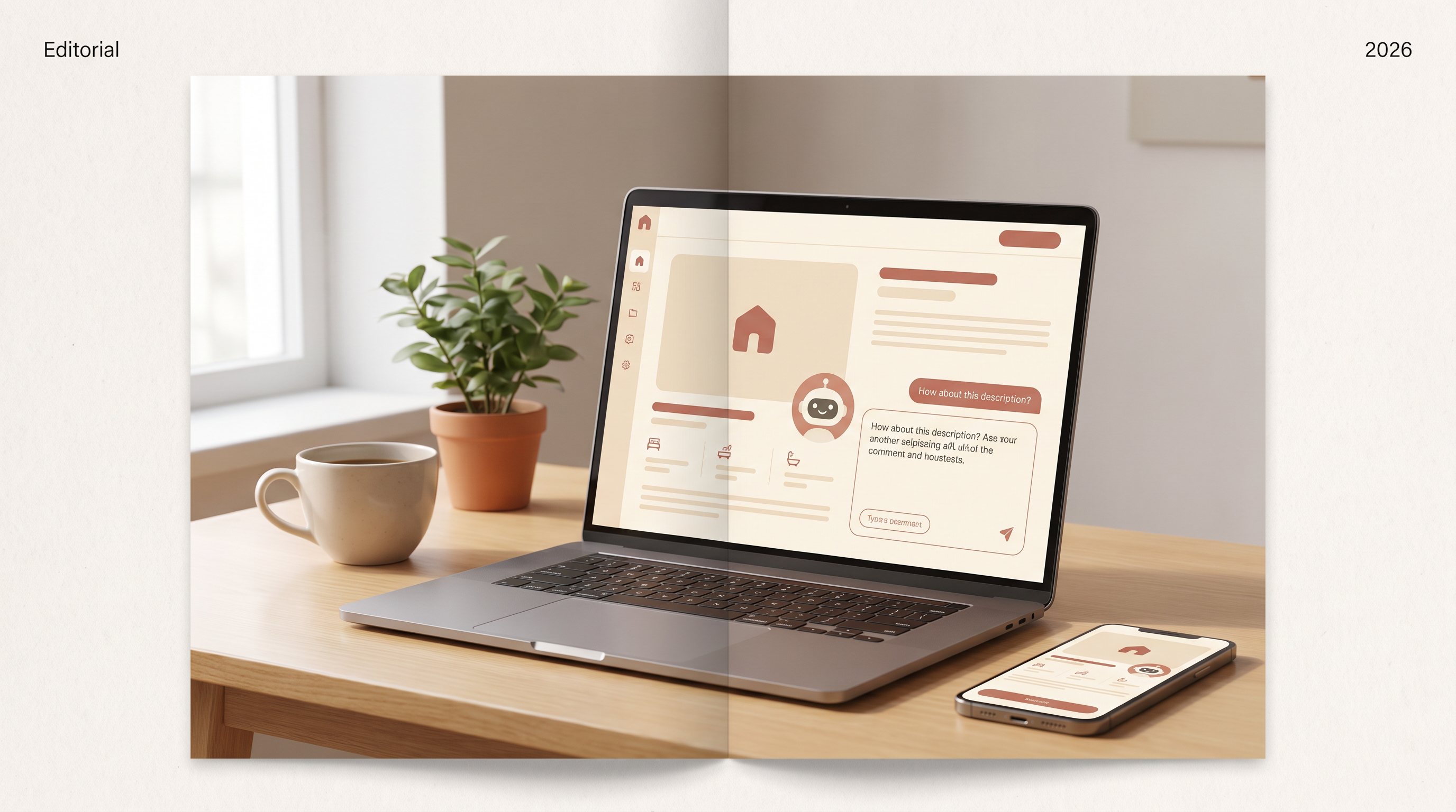 Editorial illustration of a modern laptop showing a property listing being created with AI assistance — warm cream and terracotta palette.