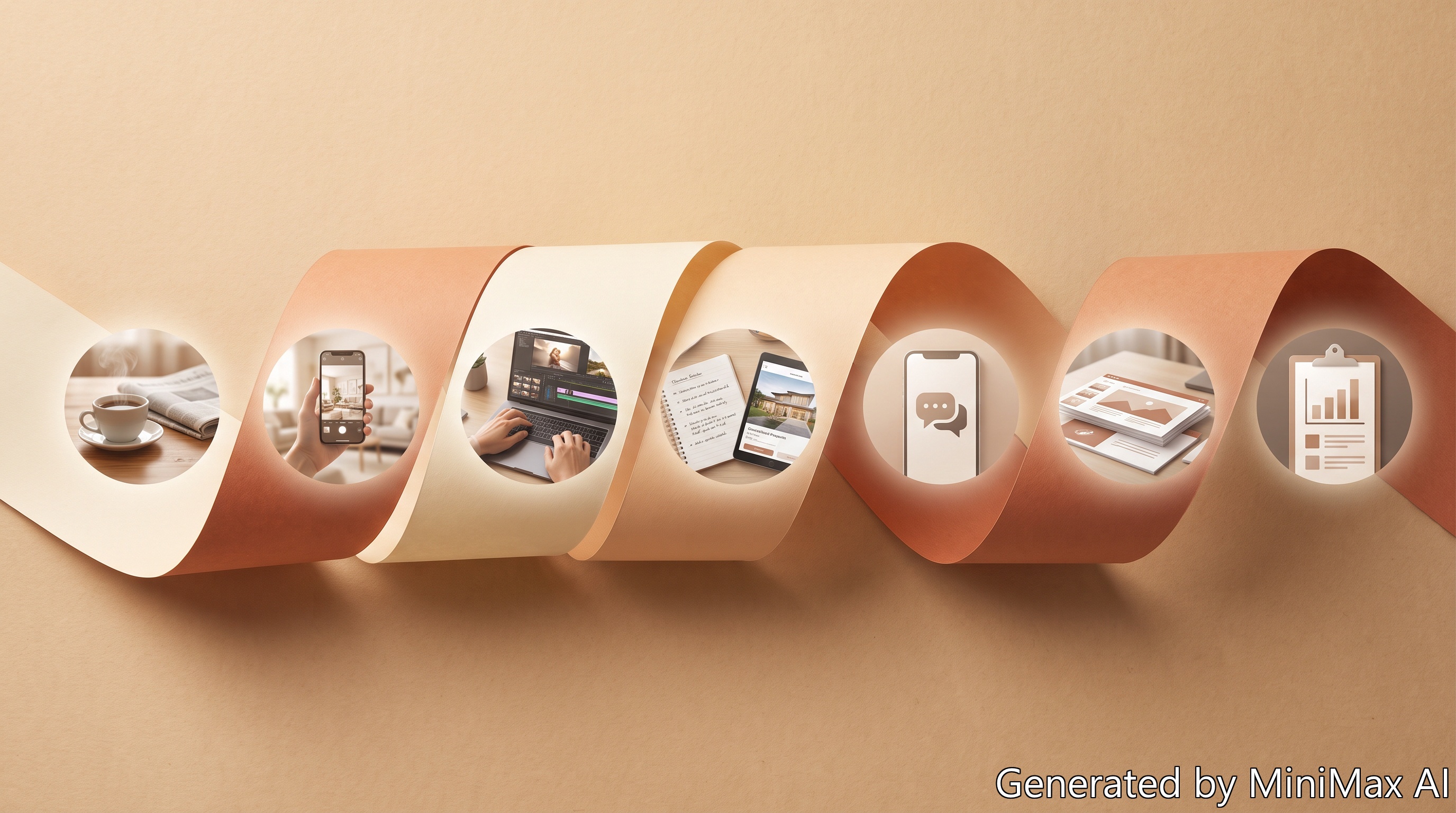 Day-in-the-life timeline illustration showing a Malaysian real estate agent's workflow with AI tools across morning to evening.