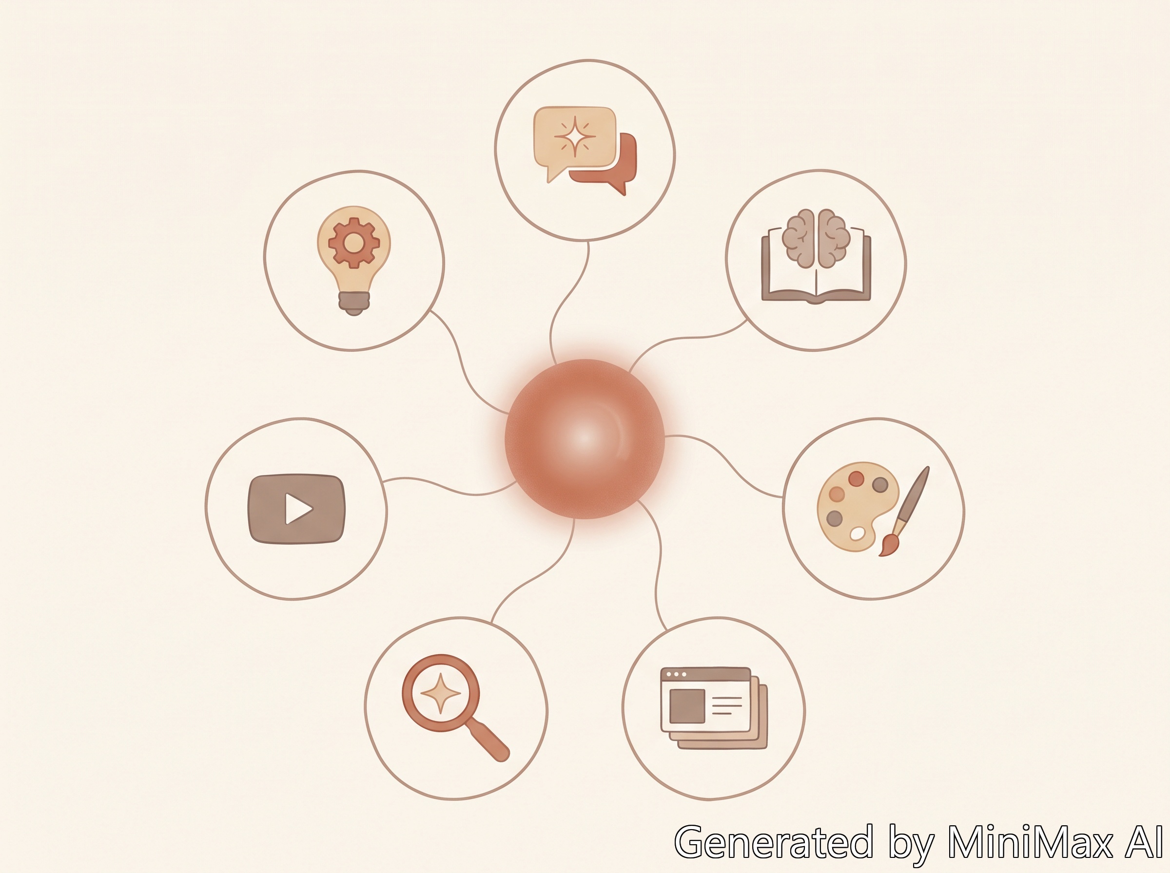 Conceptual diagram showing seven free AI tools arranged around a central AI workflow hub, editorial cream and terracotta palette.