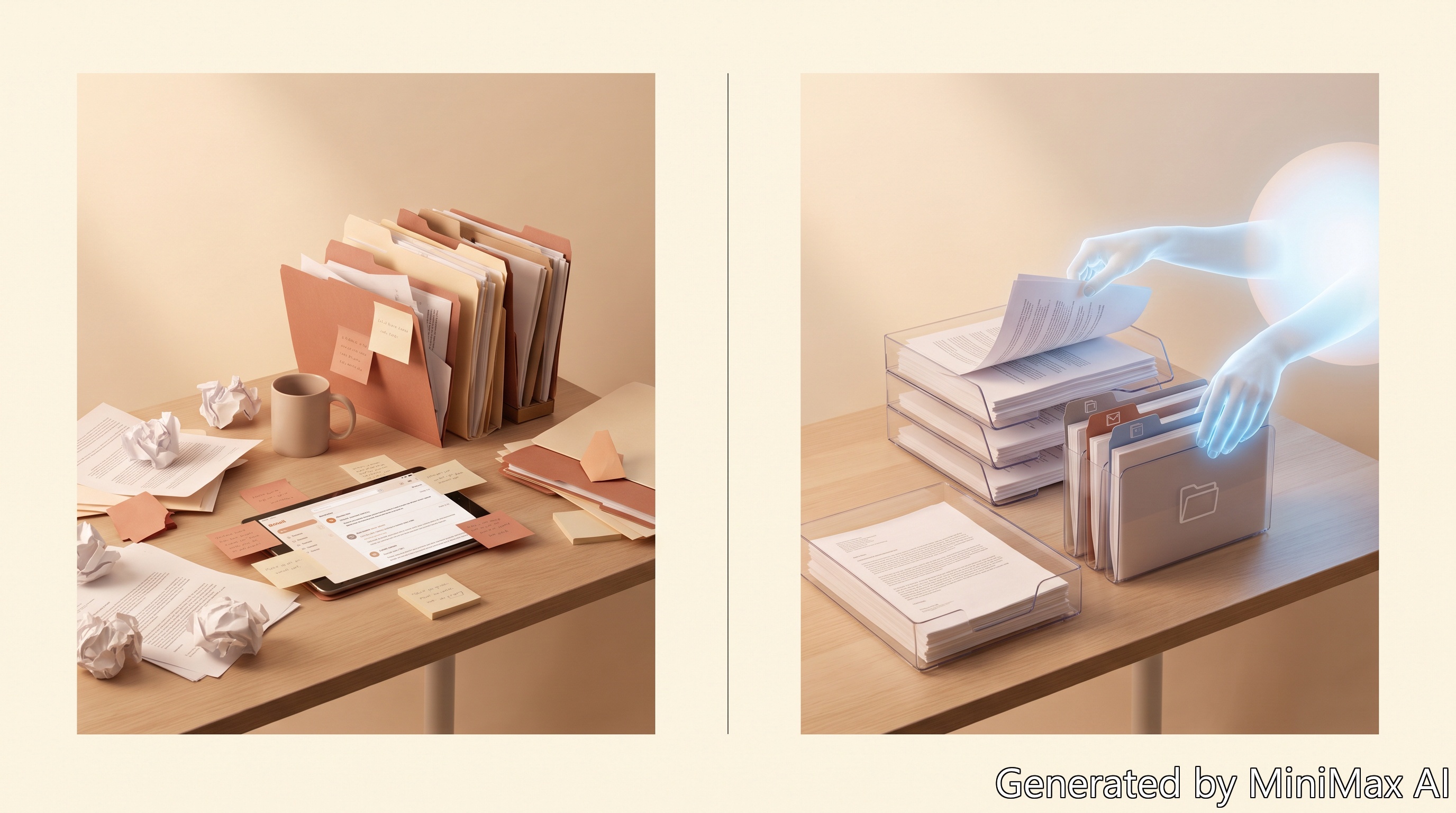 Split illustration: chaotic desk on the left transforms into an organised calm workspace on the right with the help of an AI agent — work delegation visual.